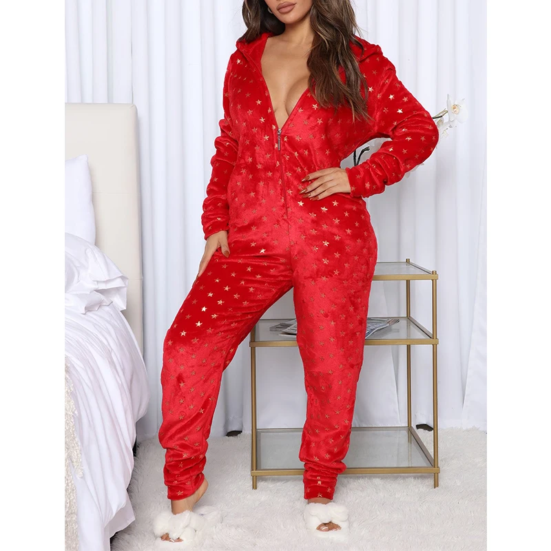 Women Christmas Home Jumpsuit Star Stripe Hooded Long Sleeves Zip-Up Fleece Pajamas for Night Sleep S M L XL