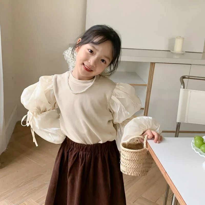 

Хлопковая футболка для маленьких девочек, Модный пуловер с пышными рукавами для маленьких девочек, футболка с длинным рукавом, однотонная детская одежда, Новинка