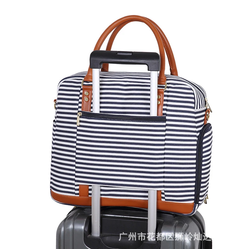 New Women Men's Canvas And Leather Handbag Luggage Short Ladies Travel Bag Stripe Sports Fitness Tote Bag Female Crossbody Bag