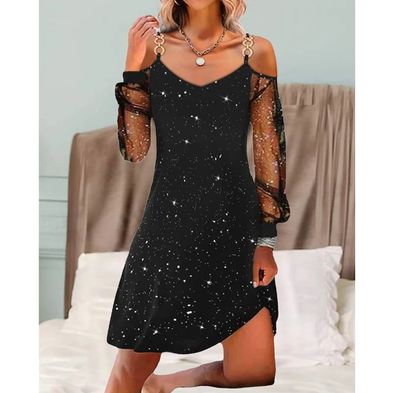 

Women Sexy Mesh Hollow Out V Neck Long Sleeve A-line Dress Streetwear Glitter Contrast Mesh Cold Shoulder Casual Dress