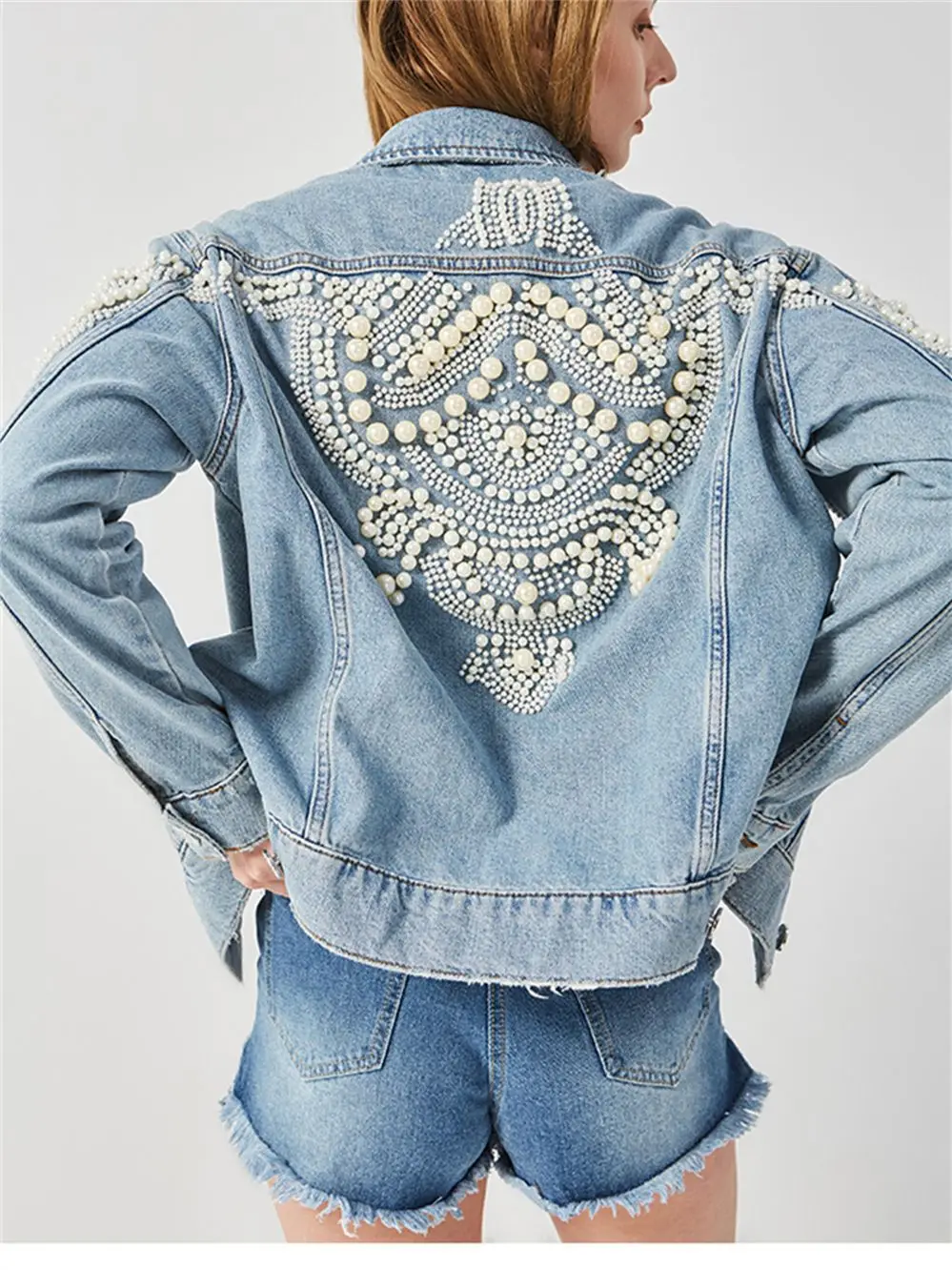 

Spring/Autumn Denim Jacket Women Boho Inspired Bead Embellished Vintage Jacket Casual Pearl Embroidery Women Coat Winte Outwear