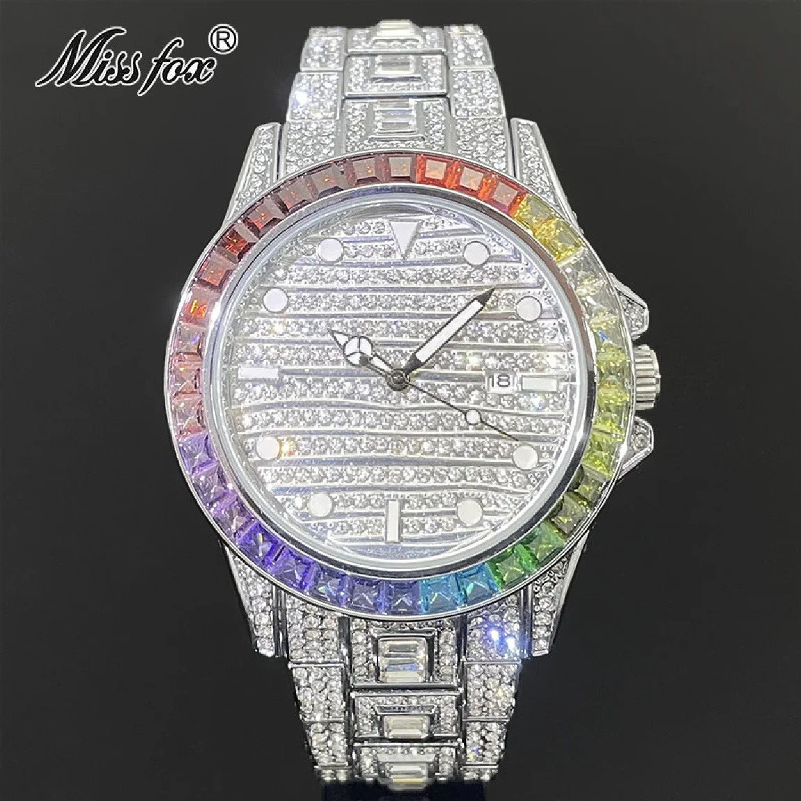 

MISSFOX Luxury Watch For Men Fashion Waterproof Quartz Wristwatch Iced Out Rainbow Diamond Steel Clocks Automatic date Male Gift