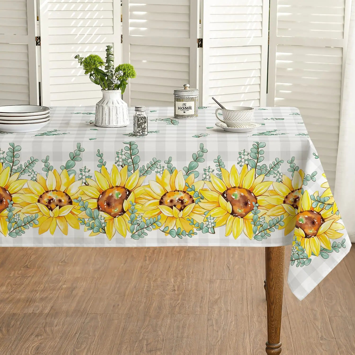 

Spring Sunflower Eucalyptus Floral Rectangular Tablecloth Holiday Party Decorations Waterproof Tablecloth for Wedding Decor