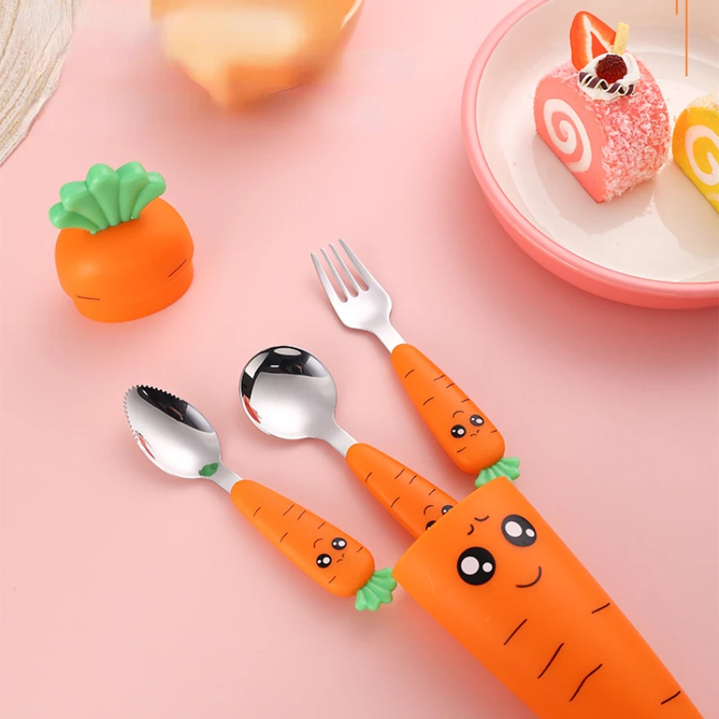 

Children Carrots Tableware Set 3PCS Stainless Steel Spoon Fork Flatware With Box Kids Dinnerware Baby Feeding Kitchen Supplies