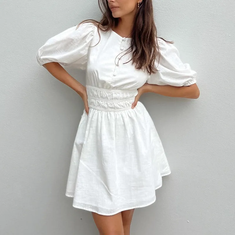 

2023 Summer New Women Cotton Dress Waist Thin A-line Skirt Simple Casual Temperament