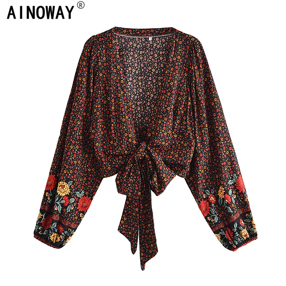Винтажные шикарные женские черные богемные блузки из вискозы с цветочным