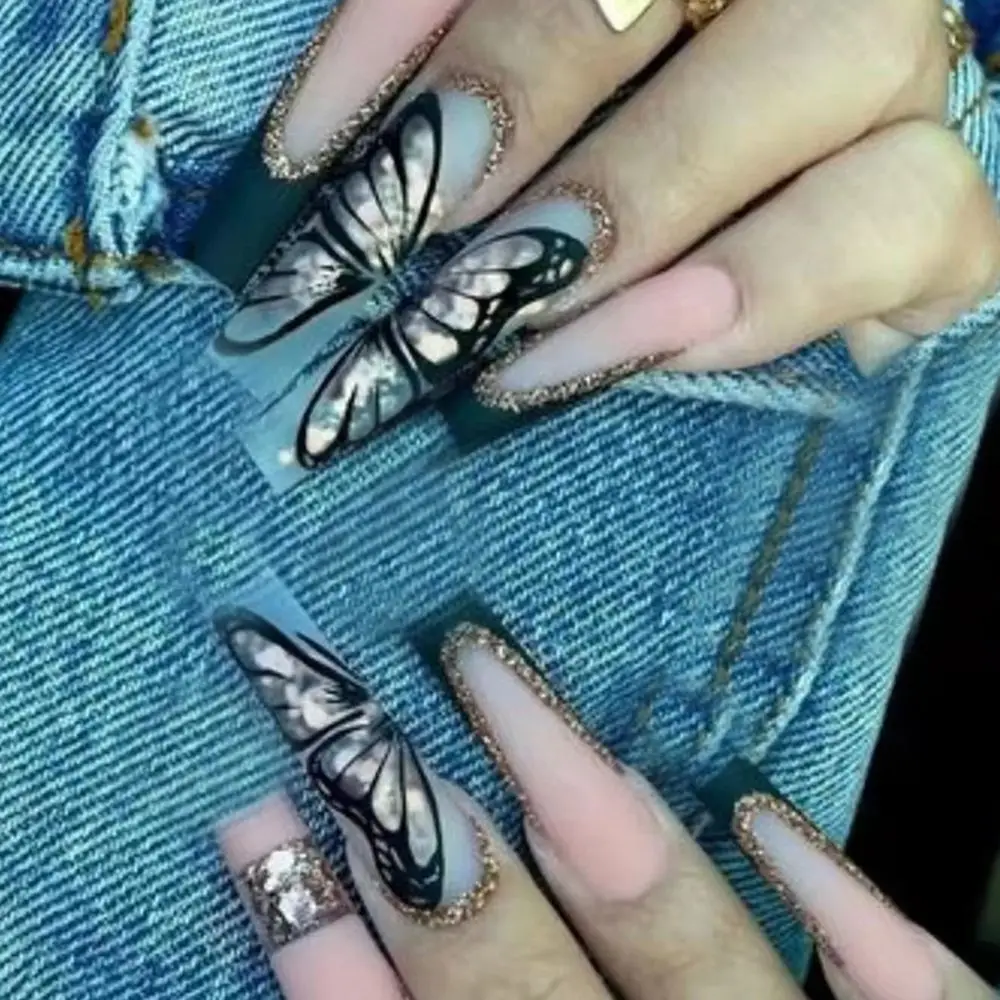 

24pcs/Box Detachable Butterfly Coffin False Nails Wearable Ballerina Fake Nails Full Cover Nail Tips Press On Nails