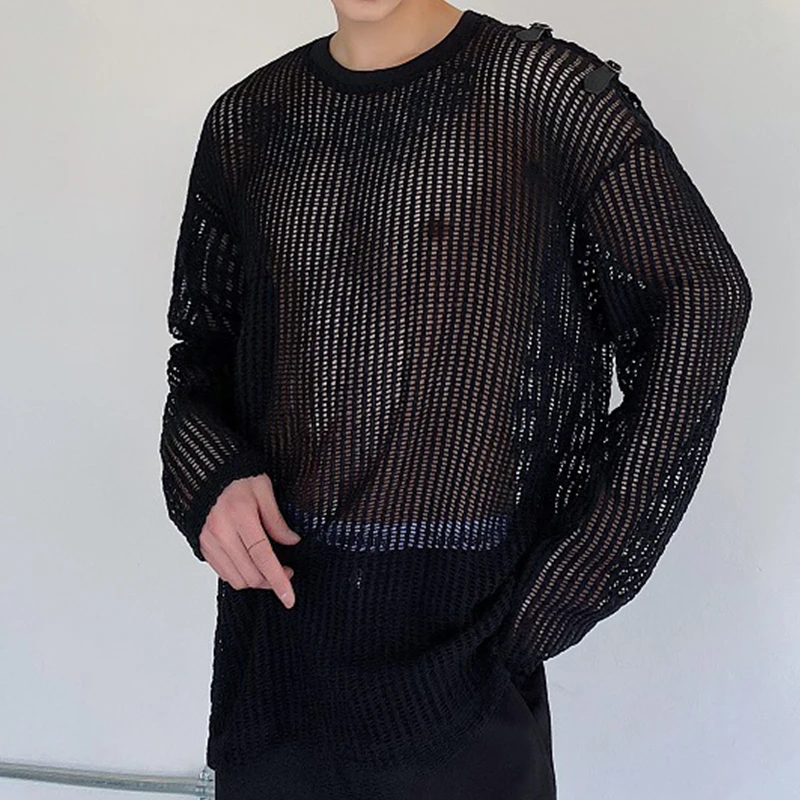 

HOUZHOU Transparent Sexy Men's Mesh T-shirt See Through Fishnet Long Sleeve Muscle Undershirts Nightclub Party Perform Top Tees