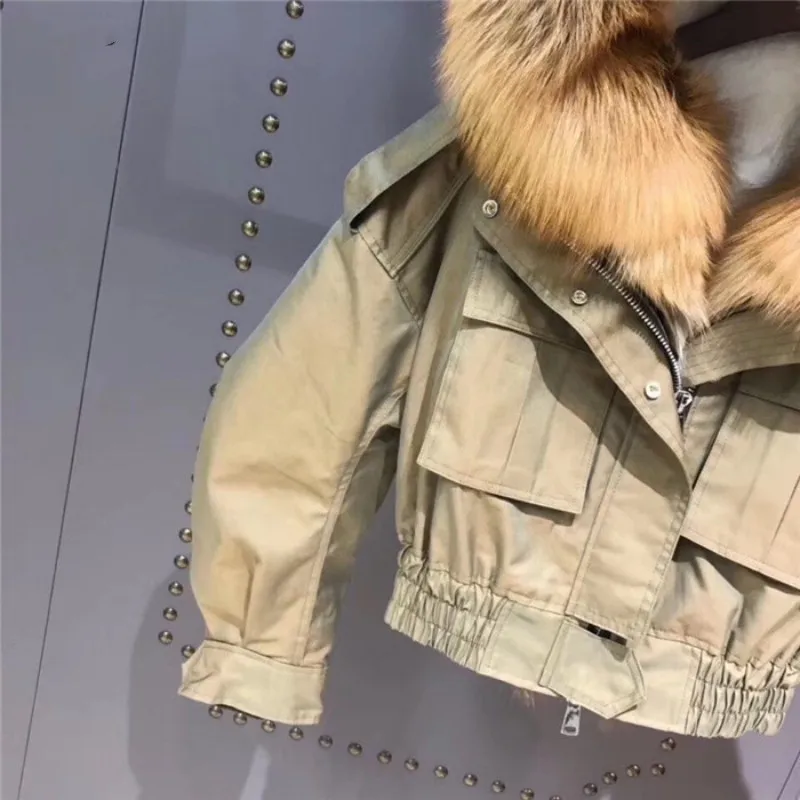 Winter Short Parka Jacket Natural Lamb Wool Fur Liner Women Coats Red Fox Fur Collar New Winter Female Real Fur Bomber Jacket