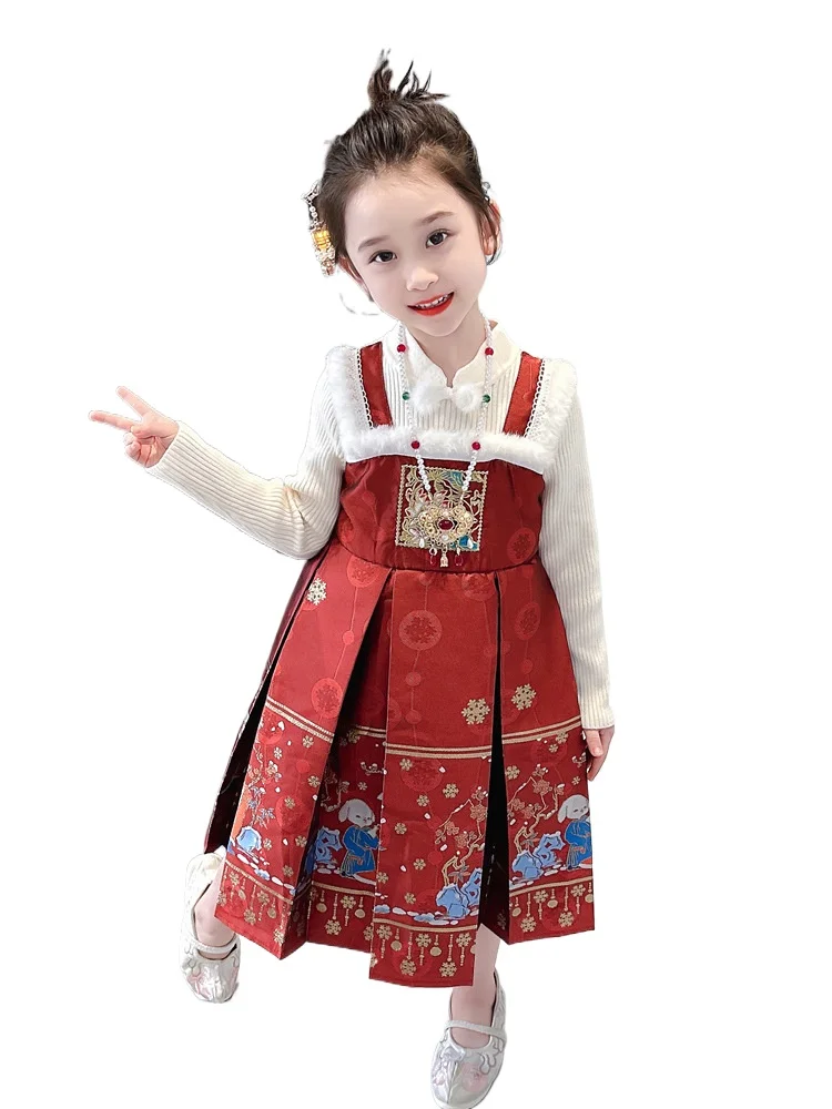 Платье в китайском стиле Hanfu для девочек зима 2023 новая детская юбка виде