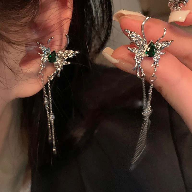 

Silver Color Metal Butterfly Tassels Ear Clips Without Piercing for Women Sparkling Zircon Ear Cuff Clip Earring Wedding Jewelry