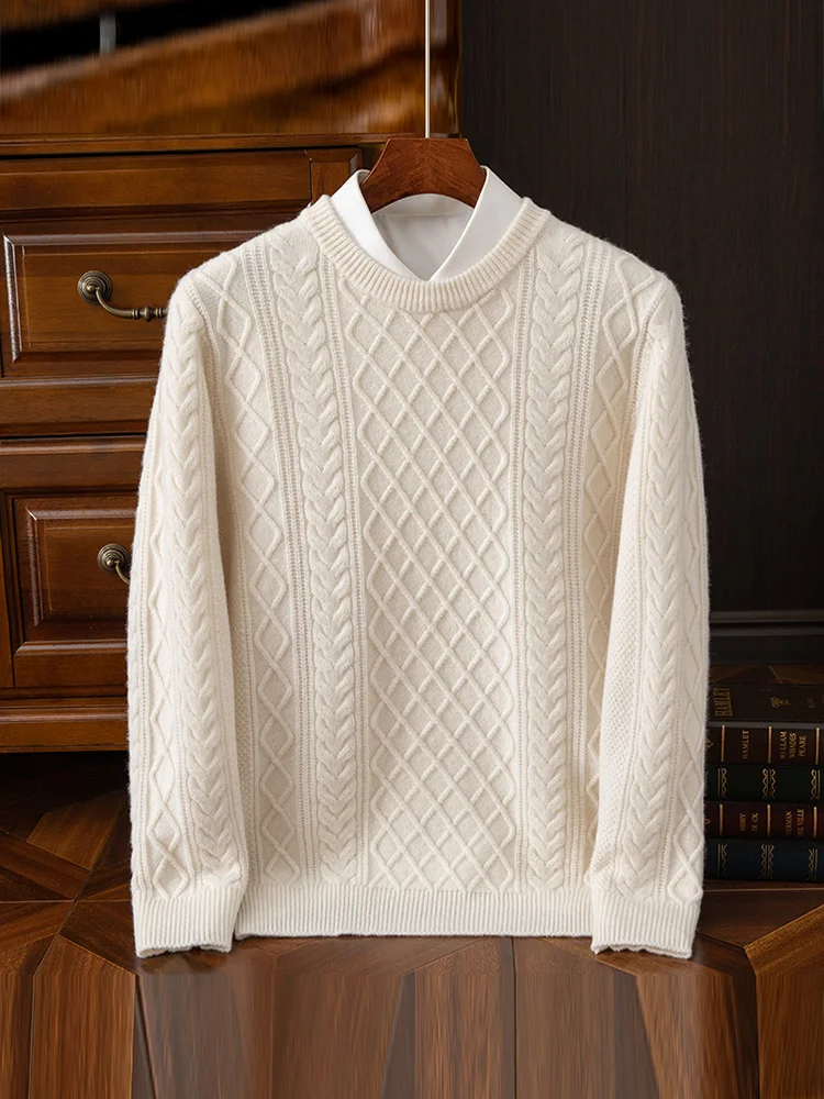 Зимний плотный жаккардовый мужской свитер с круглым вырезом вязаный пуловер из