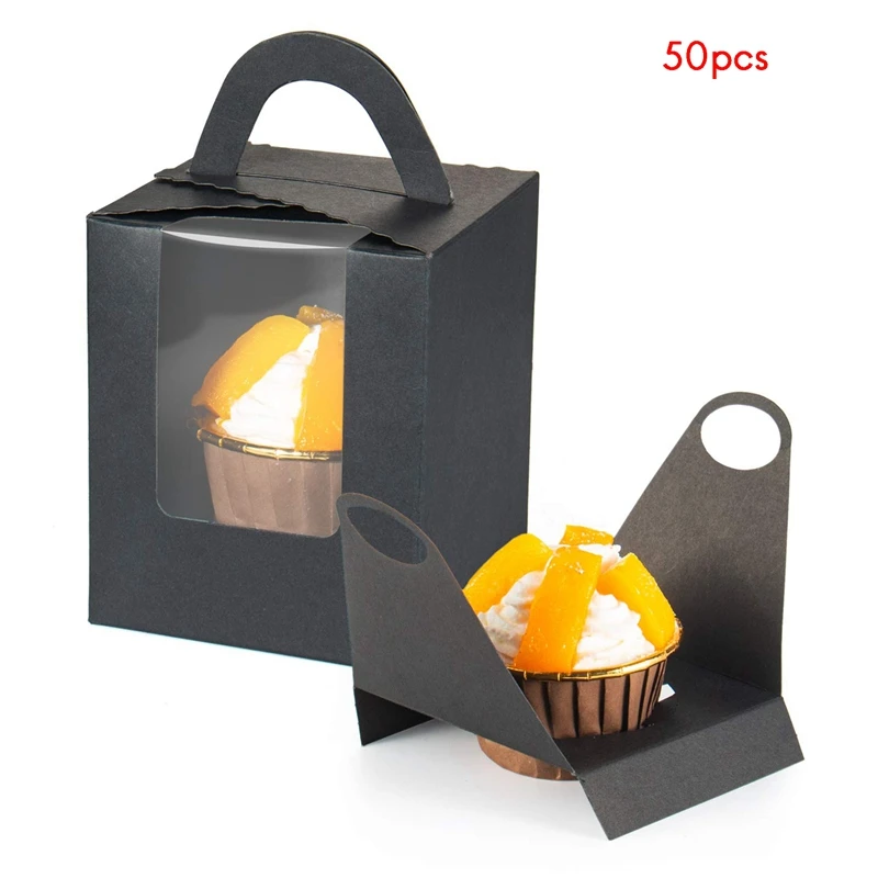 

50 PCS Cupcake Boxes Cupcake Containers With Insert Handle And Window Kraft Cupcake Holder For Cookies Candies Pastries