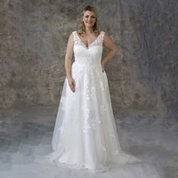 womens wedding dress plus size elegant sleeveless double v neck applqiue glitter tulle a line bridal gown robe de mariee