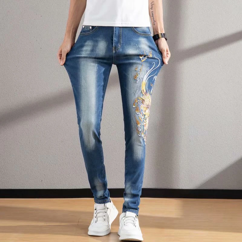 EH·MD® Wave and Dragon Embroidered Jeans Men's Red Ear Trend Slim Foot Elastic Youth Art Word Chinese Style Blue Trousers Loose
