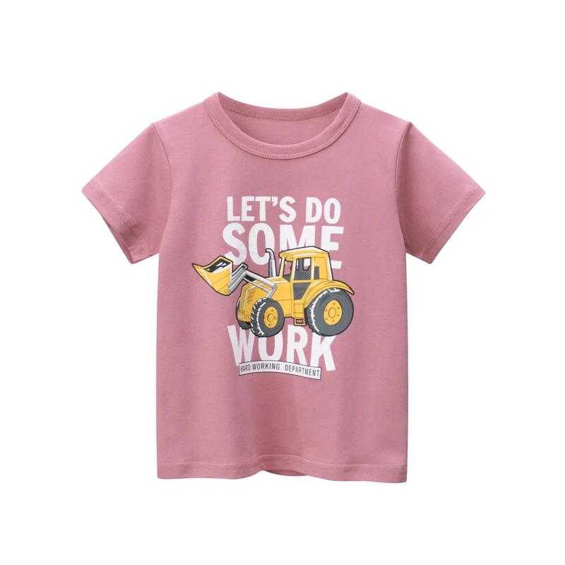 

Boys A bulldozer T-shirts Cartoon Printed Dark pink Tees Children Tops Short-sleeve Clothes for Summer Kids Outfits