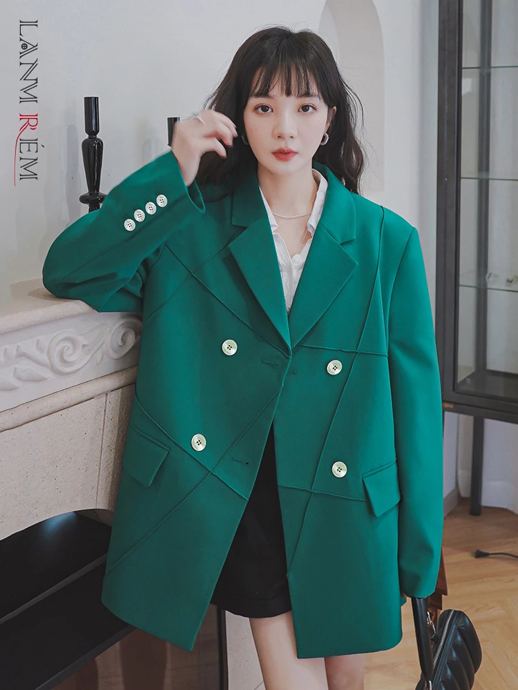 

LANMREM Green Spliced Blazer Coat For Women Notched Double Breasted Long Sleeve Casual Temperament Top 2023 Spring 2L2281