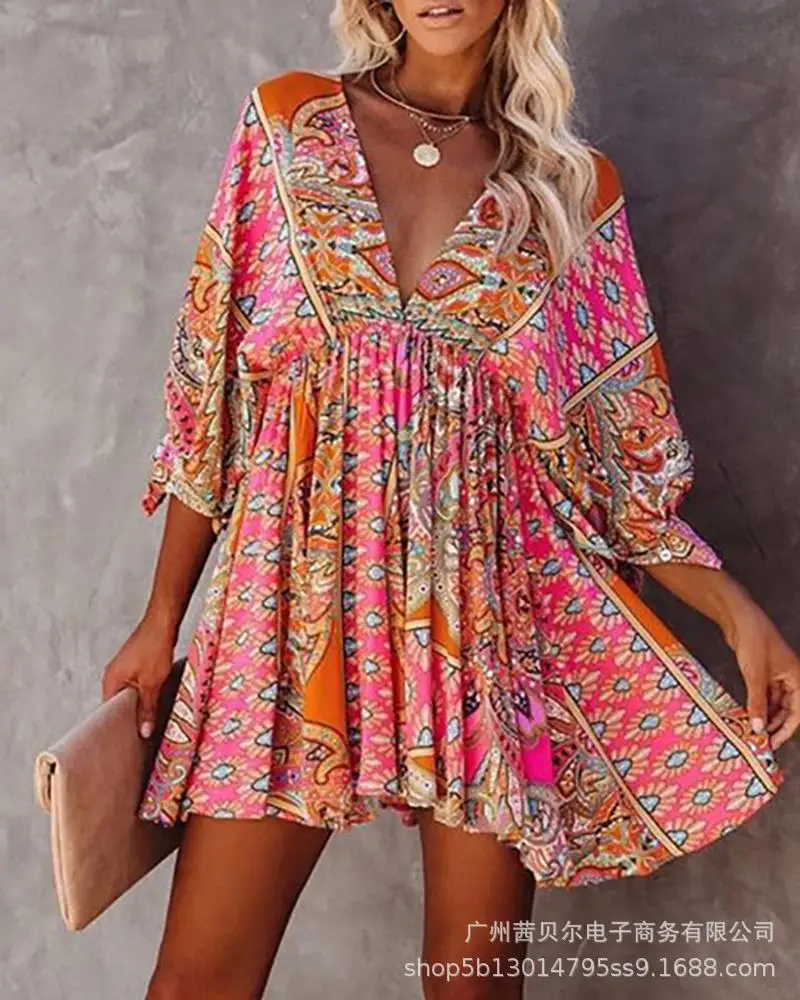 

V-Neck Tribal Print Ruched Swing Dress Women Half Sleeve Mini Dress Sexy Evening Party Fashion Casual High Waist