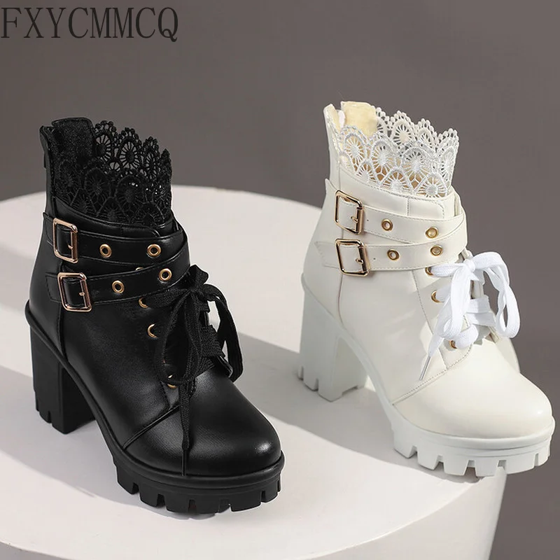FXYCMMCQ 2022 Spring and Autumn Korean Version of The New Thick Heels Simple Wild Lace Sweet Girl Shoes 815