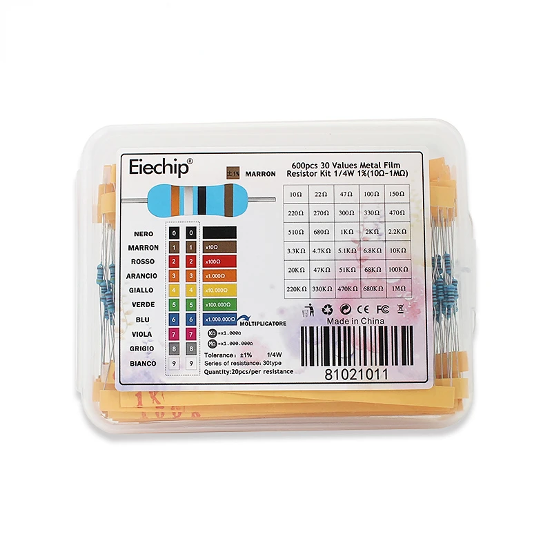 600/300Pcs/box Resistor Assorted Kit 1/4w Metal Film30 Values Resistance Set Pack 10 Ohm - 1m 1% 0.25w Of Resistors купить по