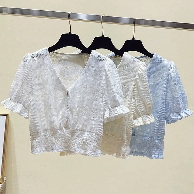 Summer Ladies Tops 2022 V Neck Short Puff Sleeve Blouses Woman Poleras Mujer Shirred Waist Lace Cropped Shirt Women
