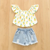 girl treasure suit new childrens clothing printed pullover summer full printed pineapple top denim shorts girls two piece set