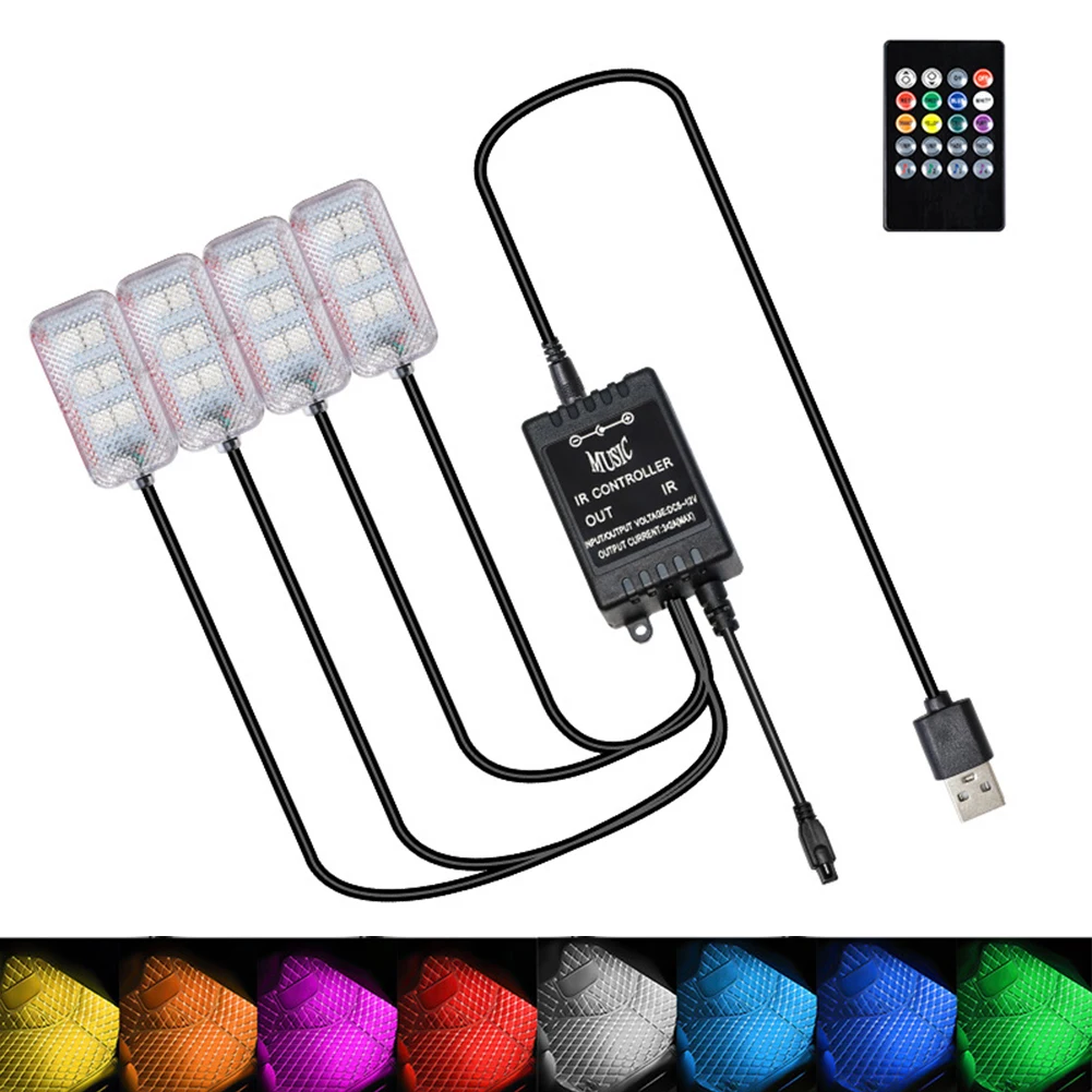 

4Pcs Neon LED Car Interior Ambient Foot Strip Light Kit Accessories Backlight Remote App Music Control Auto RGB Decorative Lamps
