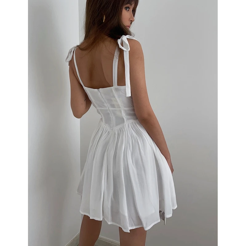 

Women White Dresses Spaghetti Strap Ball Gown 2023 Wrinkle Dress Brief European and American Sexy Chic Female Summer Short Skirt
