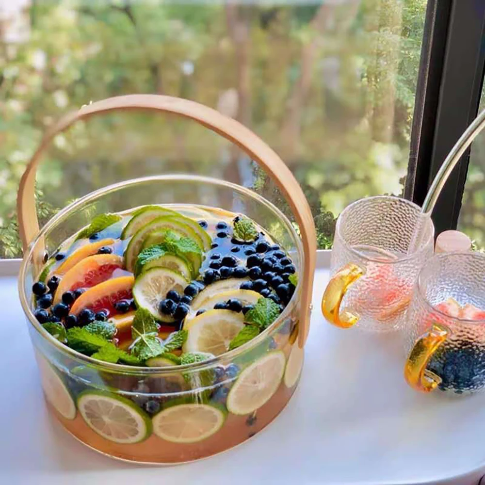 

Antique Clear Rounded Fruit Candy Dish Glass Basket with Wooden Handle