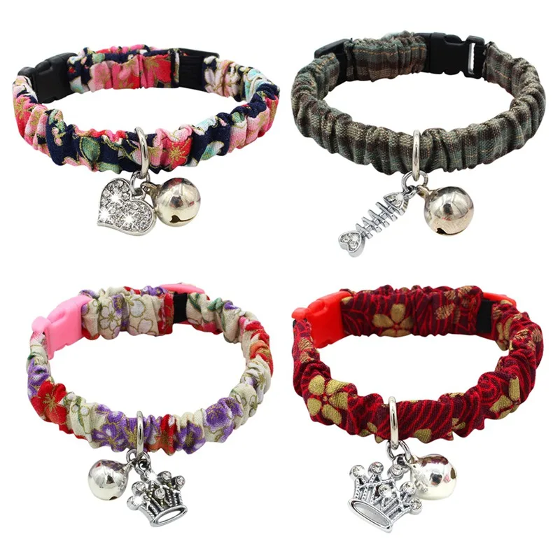 

1pcs Adjustable Floral Cat Collar With Heart Crown Pendant Cute Safety Buckle Necklace Pet Dog Collar With Bells Dog Accessories