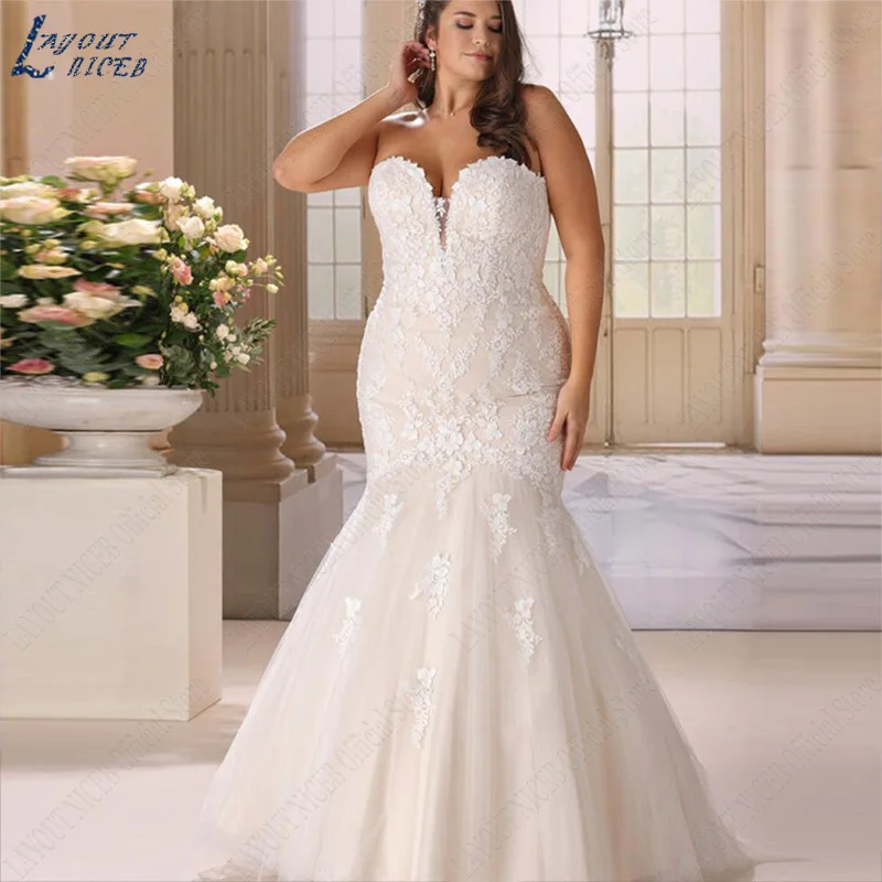 

LAYOUT NICEB Plus Size Mermaid Wedding Dresses Appliques Sweetheart Bridal Gowns Lace Up Backless Vestido De Novia Custom Made