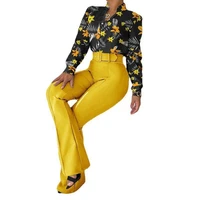 women print shirt suit 2022 autumn floral long sleeve shirts and straight pants tracksuit office lady casual matching set