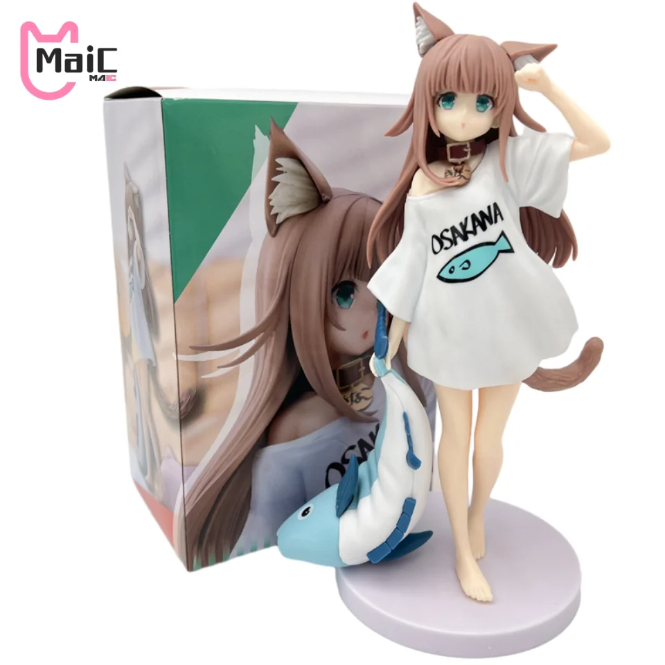 

21cm Uchi no Neko ga Onnanoko de Kawaii Kinako Girl Figure Soybean Flour Sit And Eat Fish Anime Model Computer Case Decoration