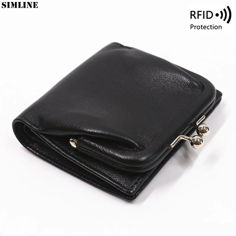 

100% Genuine Leather Wallet For Women Luxury RFID Blocking Short Bifold Women's Purse Card Holder With Kiss Closure Coin Pocket