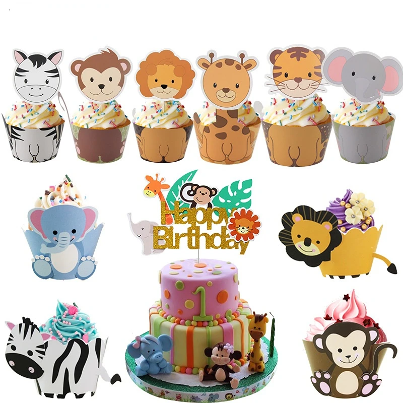 

Safari Jungle Party Animal Cupcake Wrapper Cake Topper Birthday Cakes Party Decoration Kids Baby Shower Boy Girl Supplies