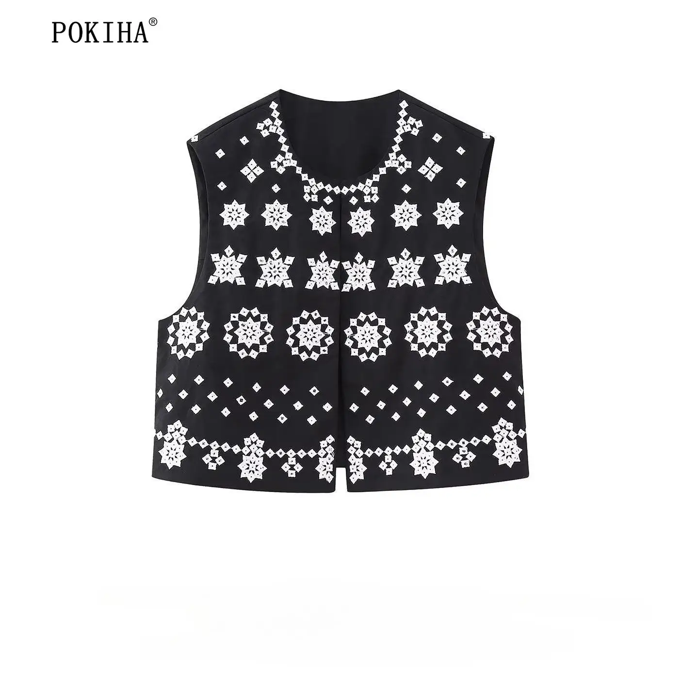 

Pokiha 2023 New Fashion Women Embroidery Cropped Open Waistcoat Vintage O Neck Sleeveless Female Outerwear Chic Vest Tops