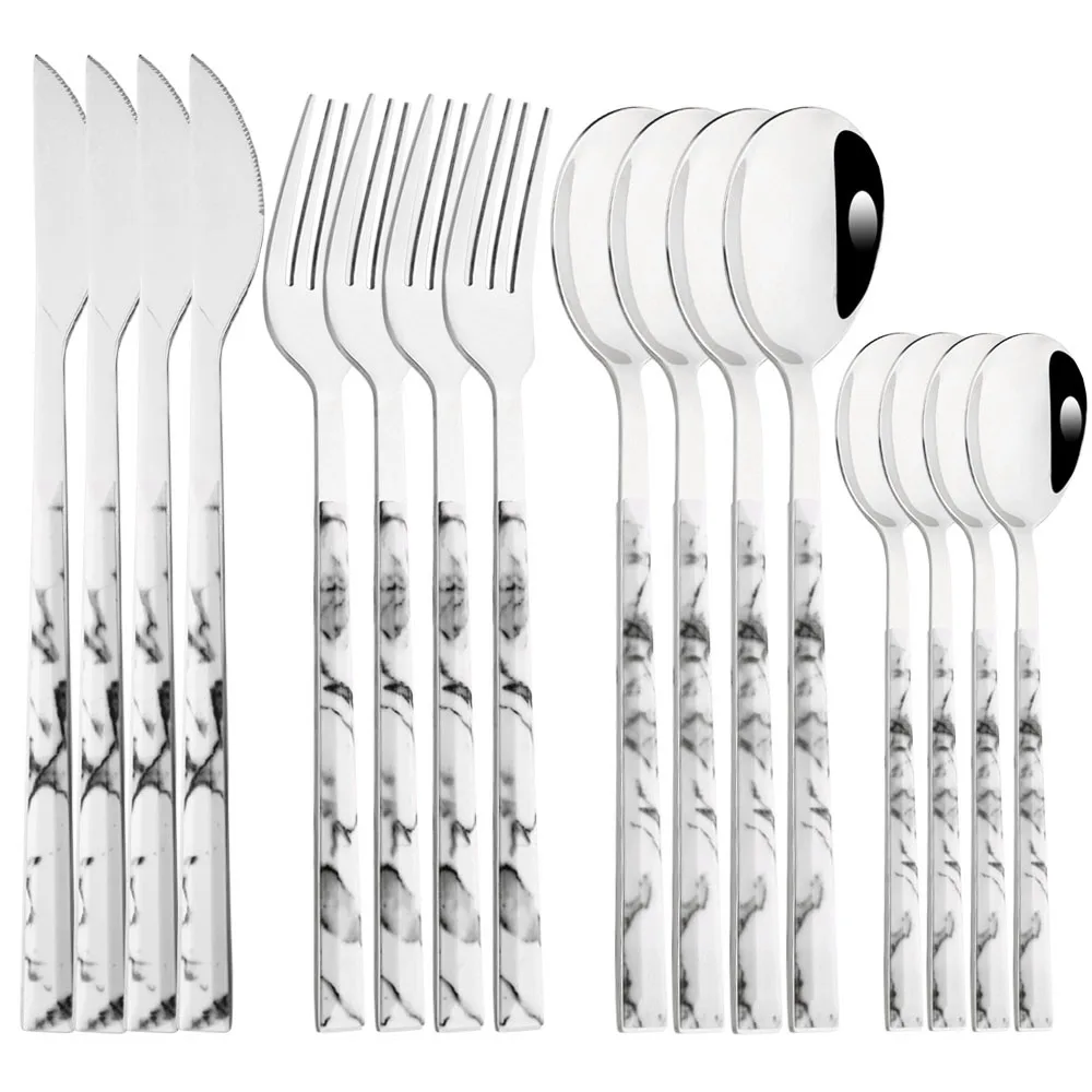 4/16Pcs Dinnerware Set Western White Silver Cutlery Stainless Steel Wooden Handle Tableware Knife Spoons Forks Silverware Set