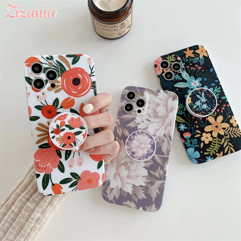 

Fashion Thin Matte Flowers Plants Folding Bracket Phone Case For iPhone 13 12 11 Pro XS Max X XR 7 8 Plus SE 2020 Cover Ins New