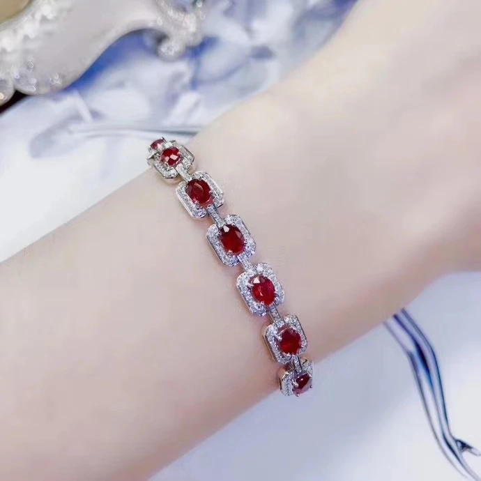 

MeiBaPJ Natural New Burned Ruby Gemstone Luxurious Bracelet 925 Sterling Silver Red Stone Bangle for Women Fine Wedding Jewelry