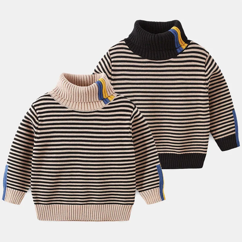

2022 Winter Warm 3 4 5 6 8 10 12 Years Teenage Thickening High Neck Knitted Turtleneck Color Striped Sweater For Baby Kids Boys