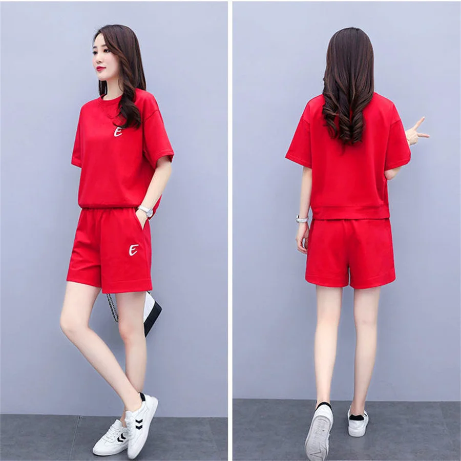 Спортивный костюм женский из 2 предметов футболка и шорты для бега весна-лето 5 0