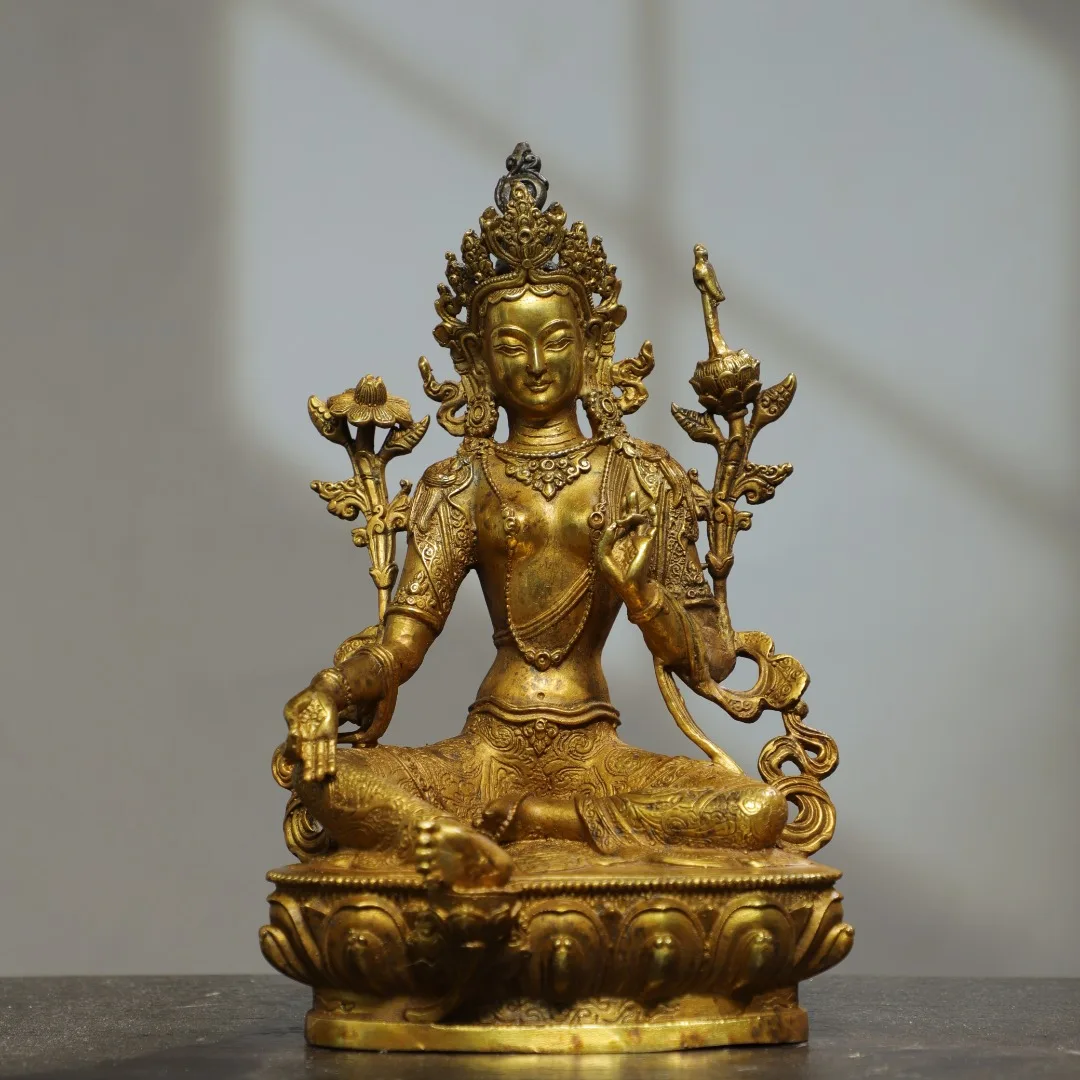 

9"Tibetan Temple Collection Old Bronze Gilding White Tara Buddha Lotus Platform worship hall Town House Exorcism