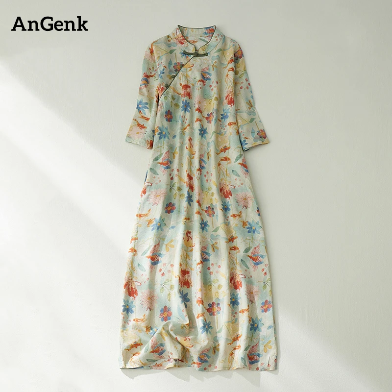 

Хлопковые летние платья с принтом и коротким рукавом, новинка 2023, повседневное длинное платье в китайском стиле, художественные платья, женское платье, элегантная одежда