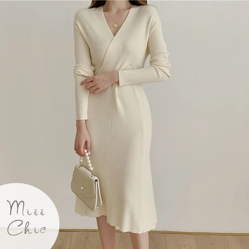 

Elegant Sweater Dress for Women Sexy V-neck Long Sleeve Ruched Bodycon Midi Dress Ladies Chic Autumn Knitted Casual Vestido 2023