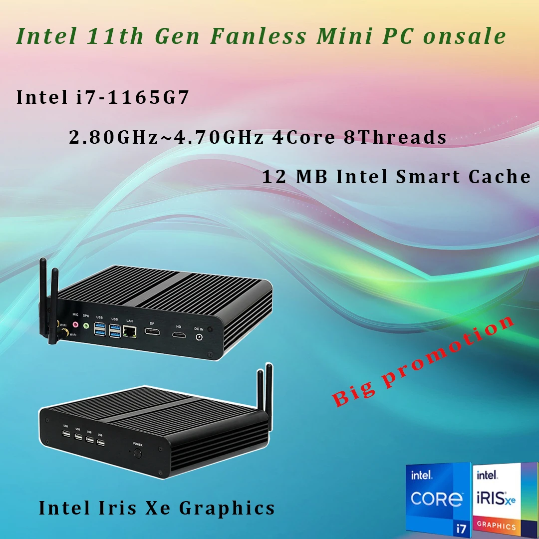 11th Gen Fanless Mini PC Intel Core i7-1165G7 Windows 11 2*DDR4 M.2 NVMe+Msata+2.5''SATA HTPC NAS HDMI DP