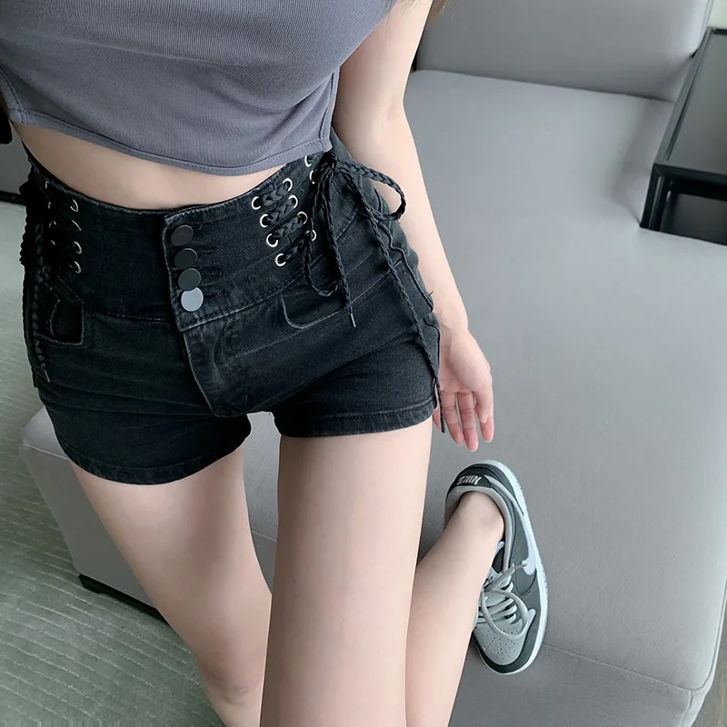 2021 Summer Hollow Out Quality High Waist Tight Female Elastic Short Jeans Sexy Denim Shorts New Women's Slim Fit Shorts Bandage