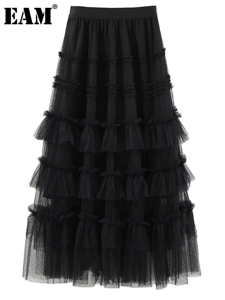 

[EAM] High Elastic Waist Black Mesh Elegant Long Cake Half-body Skirt Women Fashion Tide New Spring Autumn 2022 1DE36090