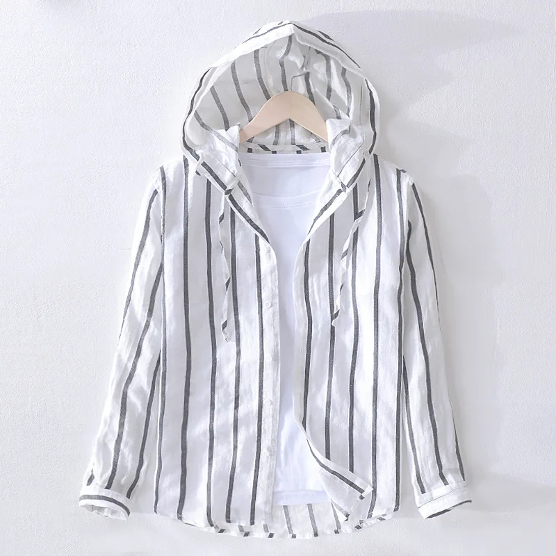 

Рубашка мужская с капюшоном, из хлопка и льна, в полоску