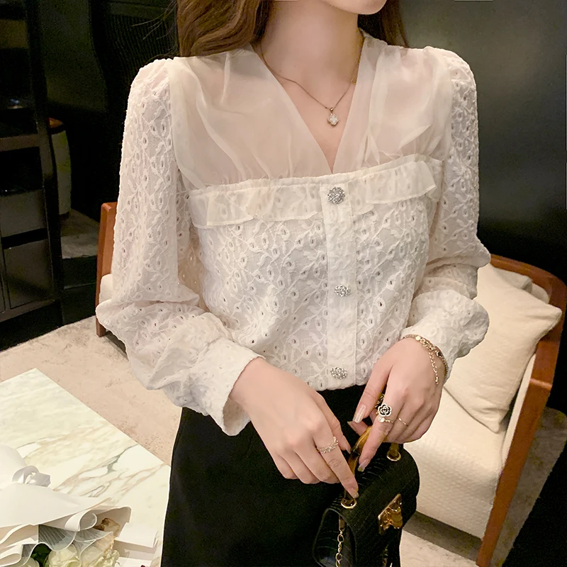 

Рубашка COIGARSAM женские топы весна 2022 новые кружевные шифоновые женские рубашки с V-образным вырезом Прямая поставка