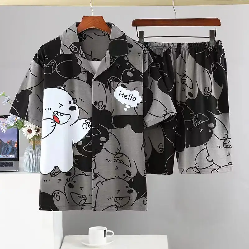 Man Large Size Pajamas Set Japanese Style Summer Thin Pyjama Anime Cartoon Mouse Bear Cute Sleepwear Room Suit for Young Men Ins